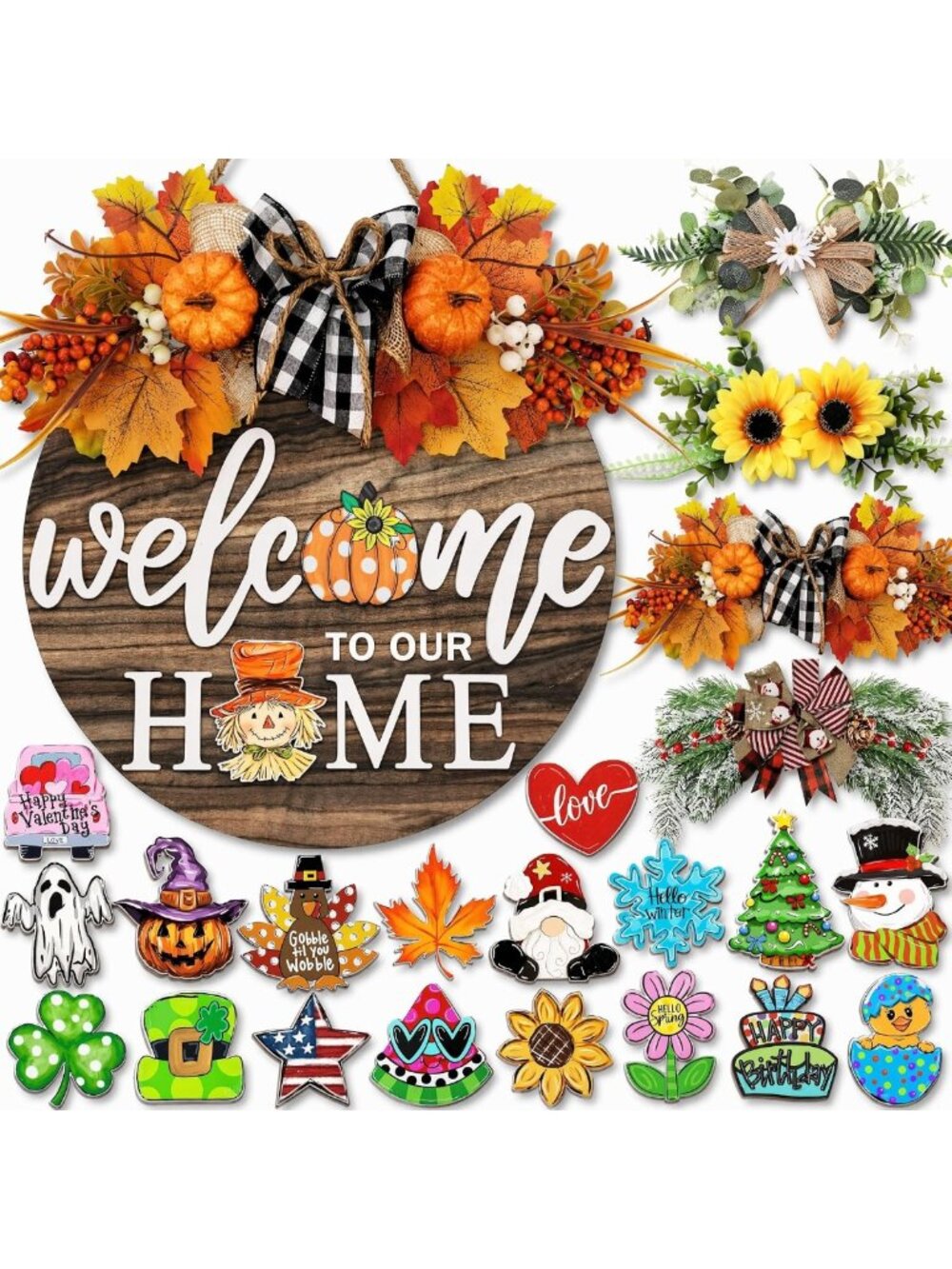 Interchangeable Welcome Sign with 4 Seasonal Wreaths & 21 Icons - Rustic Porch
